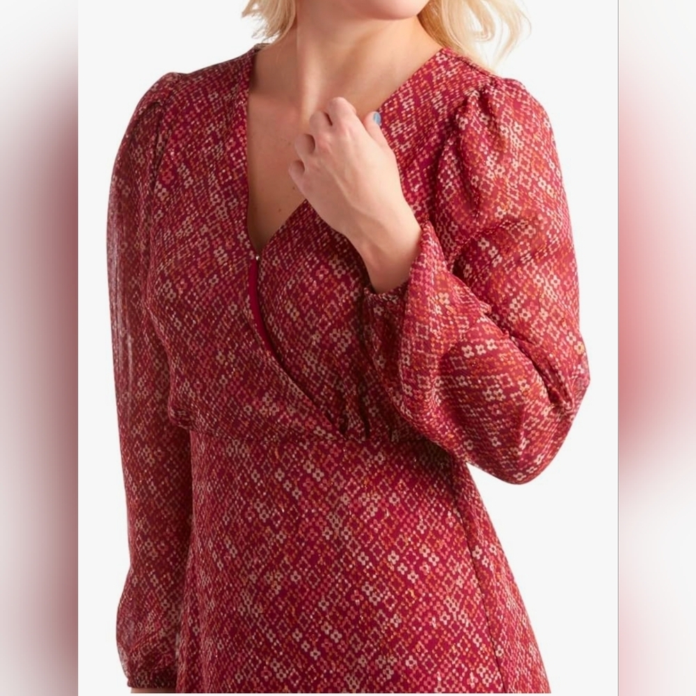 Lucky Brand Red Printed V-Neck Midi Dress - Picture 2 of 5